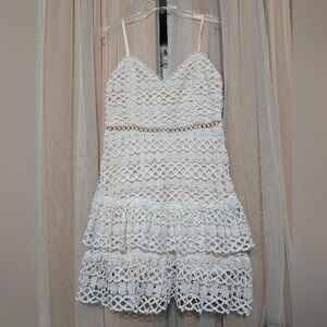 BaeVely Crochet Babydoll Mini Dress, Tiered Ruffle Skirt, Sweetheart Neckline.